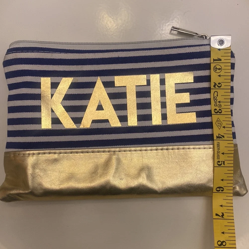 Katie Customized Cosmetic Bag Blue/White Stripe with Gold Accents GUC 9x6